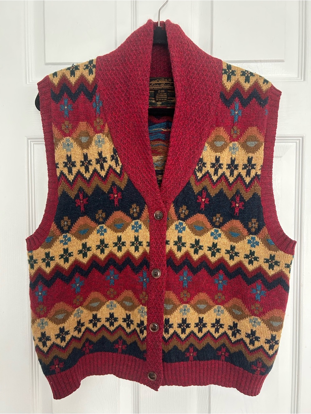 Vintage Eddie Bauer Wool Fair Isle Shawl Collar Vest Size Medium Petite MP